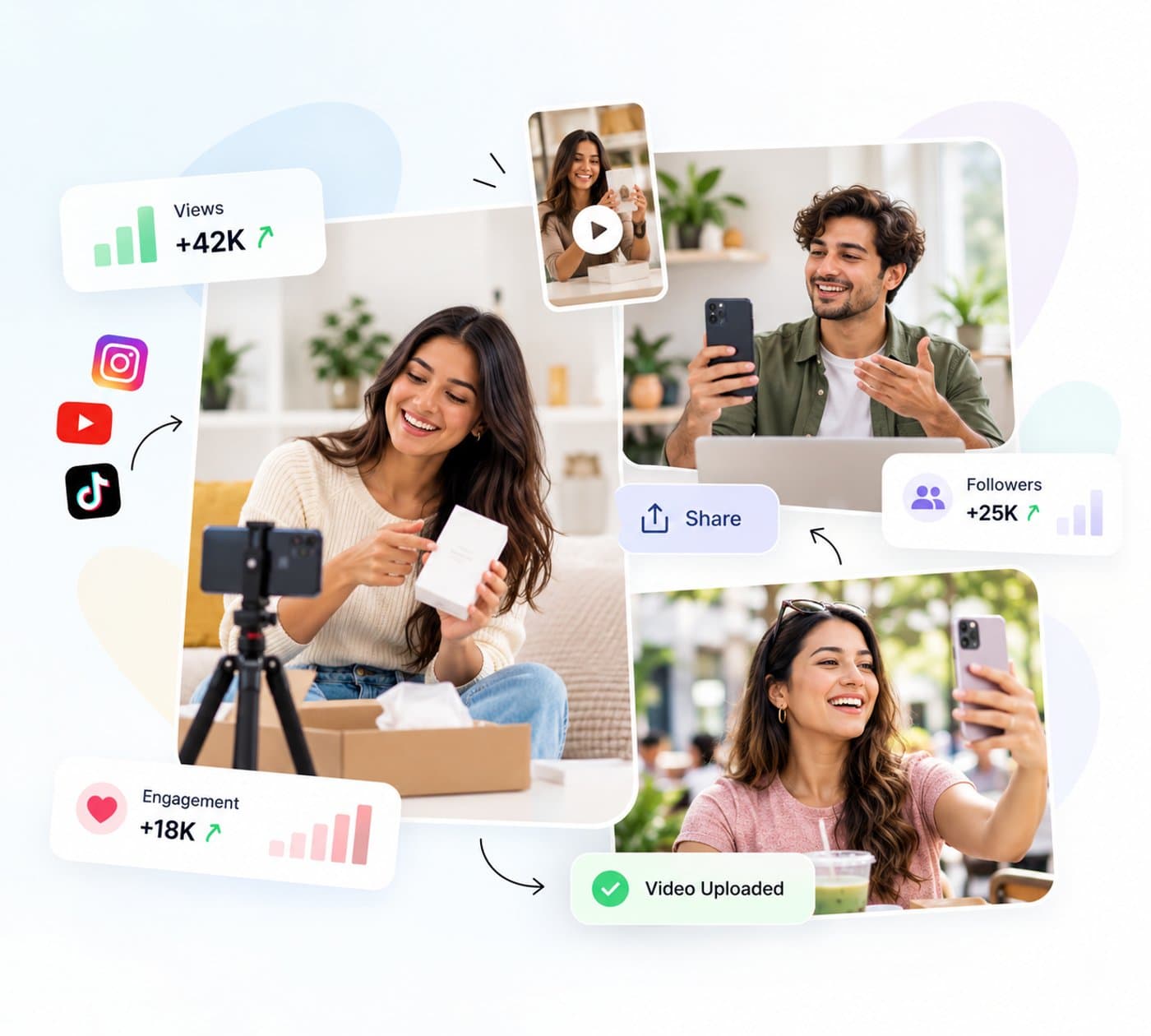 Creators filming product videos with views, followers and engagement growing