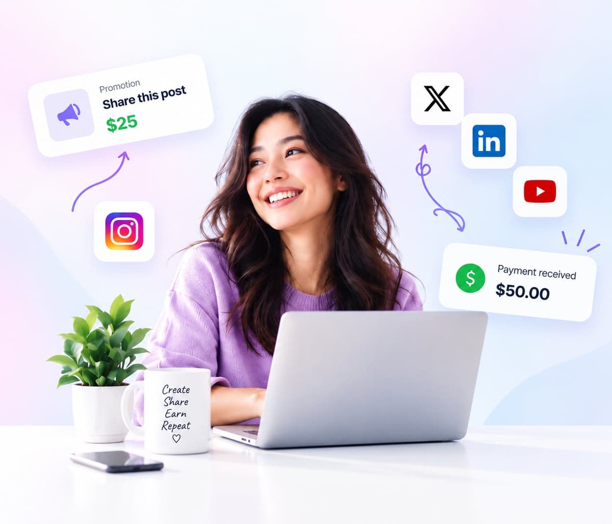 A creator at her laptop earning from sharing a promotion, with payment received and platform icons floating around her